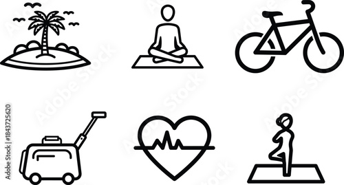 Modern black outline icon set representing healthy lifestyle travel and mindful relaxation activities for web use