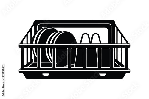 Dishwasher rack with dishes kitchen design silhouette vector illustration