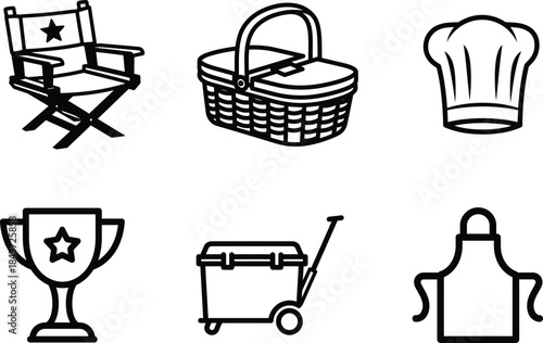 This comprehensive graphic displays a diverse collection of outline icons including a directors chair picnic basket chef hat award trophy and portable cooler perfect for design projects