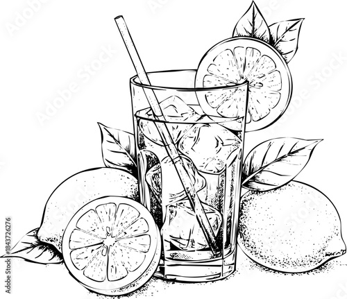 Hand drawn sketch/engraving art of refreshing lemonade in a tall glass surrounded by fresh lemons and mint leaves