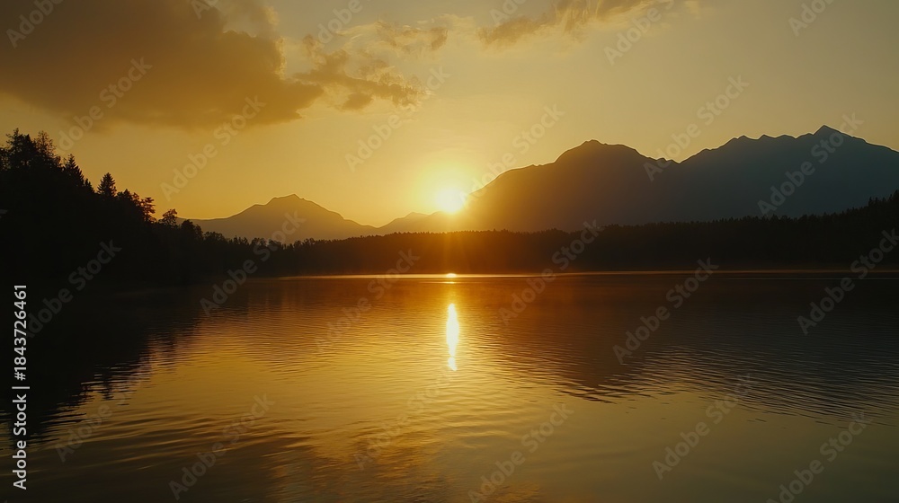 Fototapeta premium Serene Sunset Over Mountain Lake at Dusk