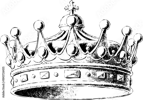 A detailed black and white engraving art, illustration of a royal crown, depicted in a classic engraving style.