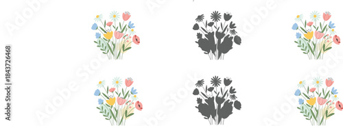 Vector illustration of spring flowers in the grass with pink blossoms, leaves, and a butterfly, creating a beautiful floral nature design