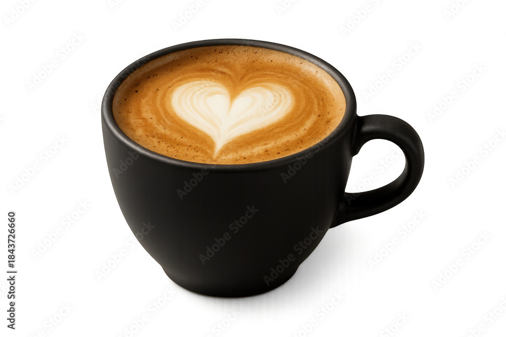 Fototapeta premium Coffee latte art forming a romantic heart shape in a black ceramic mug, a comforting hot espresso drink