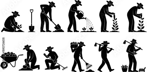 Country Farmers & Gardeners – Editable Vector Silhouette Set of Florists, Growers, and Rural People