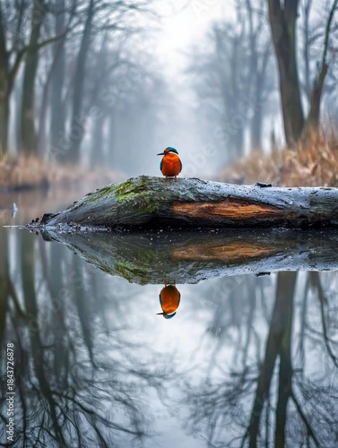 Vibrant kingfisher on a log, perfectly reflected in calm water, framed by misty forest trees and a serene atmosphere