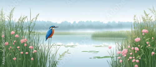Vibrant kingfisher perches amidst tall reeds and pink flowers by a serene, misty lake with distant forest