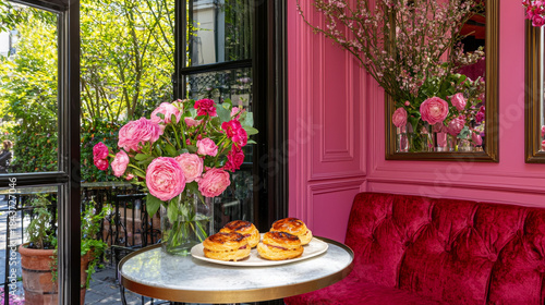 Vibrant pink room with pastries, a flower bouquet, red velvet sofa, and a bright outdoor balcony view