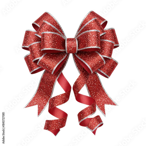 A festive and luxurious red bow with silver glitter accents isolated on a pure black background. Perfect for holiday decorations, gift wrapping, and celebratory designs.