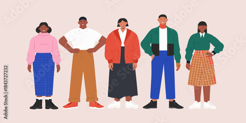 Diverse group of people standing together in fashionable colorful attire