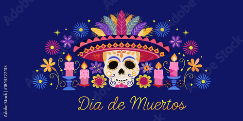 A vibrant dia de muertos skull with candles and floral decorations