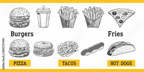 A delightful assortment of fast food burgers fries pizza tacos and hot dogs