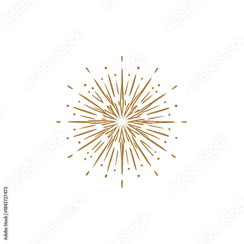 geometric firework burst in circular layout, thin precise linework, subtle gold and pastel sparks, soft symmetrical explosion, isolated on white background, modern festive minimalism