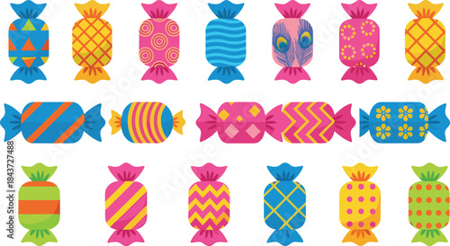 Colorful wrapped candy illustration set with bright patterns and decorative sweets, playful confectionery vector collection for party packaging and kids designs