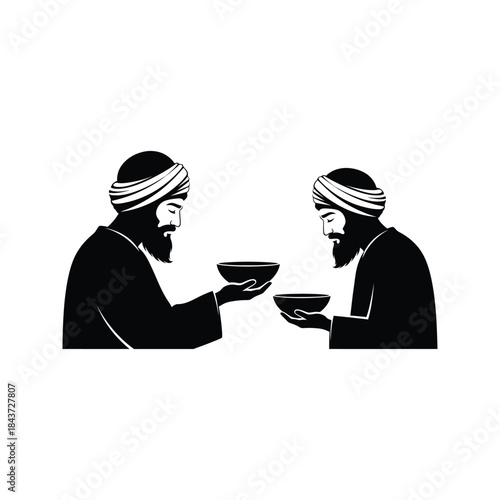 Two sikh men wearing turbans and traditional attire sharing bowls in a symbolic gesture of community and service