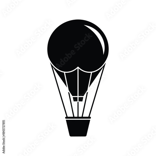 Simple black silhouette of a hot air balloon with a basket against a white background