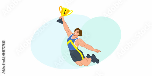 A joyful athlete celebrates victory by raising a golden trophy overhead