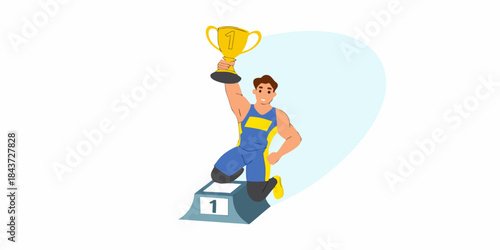A victorious athlete celebrates on the podium with a golden trophy