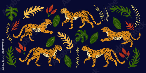 Stylized leopards amidst tropical foliage a vibrant and artistic illustration