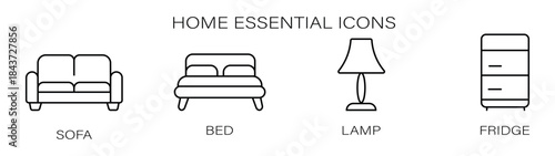 Home Essential Icon Set with Sofa, Bed, Lamp, and Fridge
