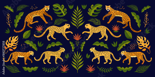 Stylized leopards amidst lush tropical foliage a symmetrical artistic pattern