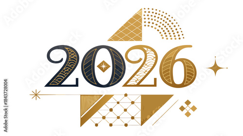 bold geometric “2026” year numbers, clean sans-serif shapes, luxury gold gradient highlight, minimal celebratory layout, isolated on white, vector branding style for new year events
