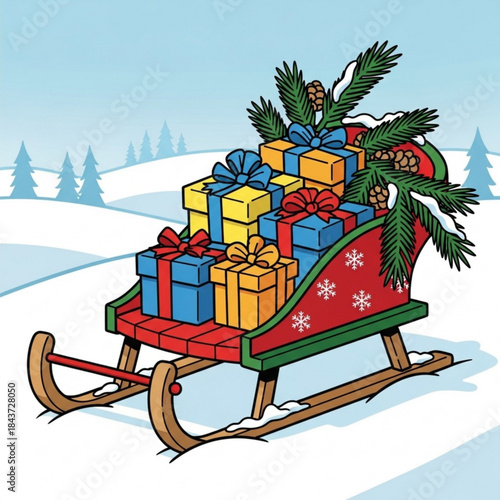Decorated Christmas Sled Coloring Page with Wrapped Gifts and Pine Branches in Bold Cartoon Line Art.svg
