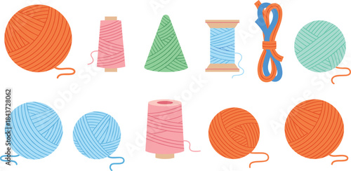 Colorful yarn balls and sewing thread spools illustration set with knitting and textile supplies, soft pastel craft vector elements for handmade projects