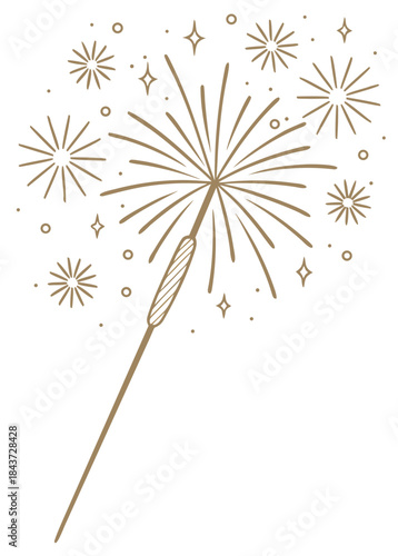 minimal sparkler stick, radiant linear sparks spreading outward, clean symmetrical geometry, soft gold glow suggestion, isolated on white, elegant holiday vector illustration
