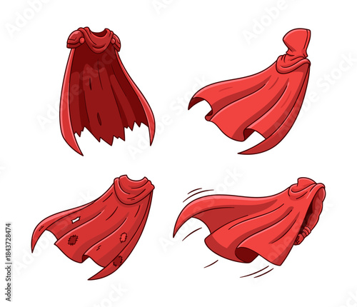 Red superhero capes flying with hood and damaged fabric
