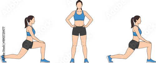 Fitness illustration of a woman performing a forward lunge in three steps, demonstrating leg strength training, balance, and bodyweight workout exercise.