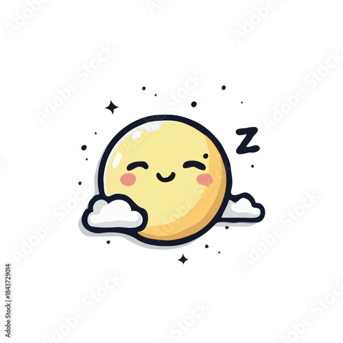 Dreamy moon face floating on cloud, whimsical celestial cartoon illustration for children with