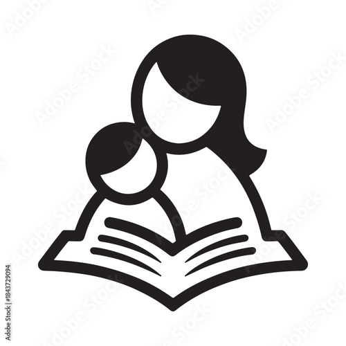 A mother reading to her child a simple black and white illustration