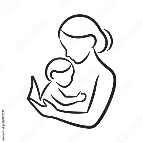 A tender moment mother holding and reading to her baby in outline