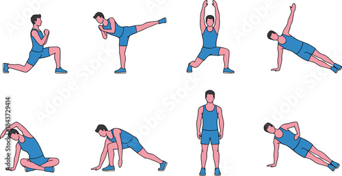 Set of illustrations showcasing a man performing eight different bodyweight exercises, including lunges, planks, side bends, and high kicks for a full workout.