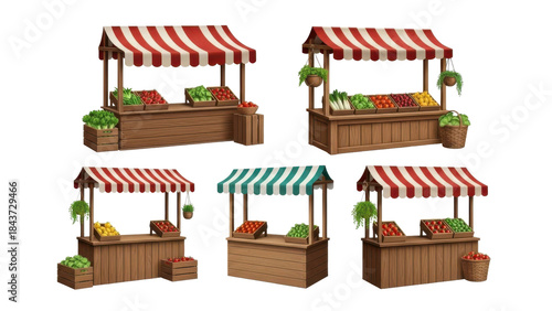 Collection of charming, hand-drawn market stalls filled with fresh produce. Ideal for illustrating healthy eating, local markets, and vibrant food themes.