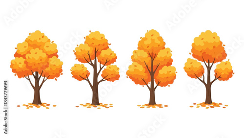 Set of Four Autumn Orange Tree Vector Illustrations on White Background