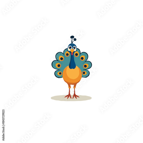 Whimsical cartoon peacock exhibiting vibrant plumage displaying elegance in isolated vector