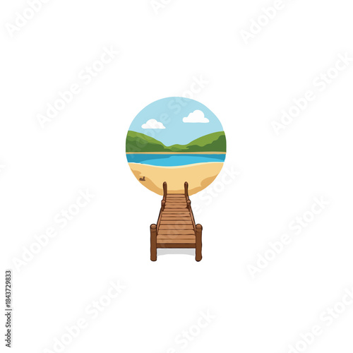 Whimsical coastal scene displaying wooden pathway to a serene beach and verdant landscape in