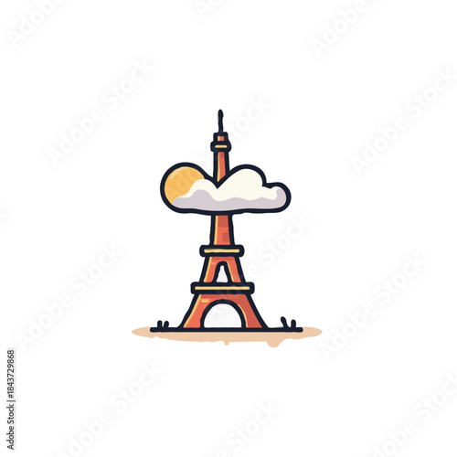 Whimsical depiction of a renowned tower obscured by playful clouds in a sunlit urban landscape