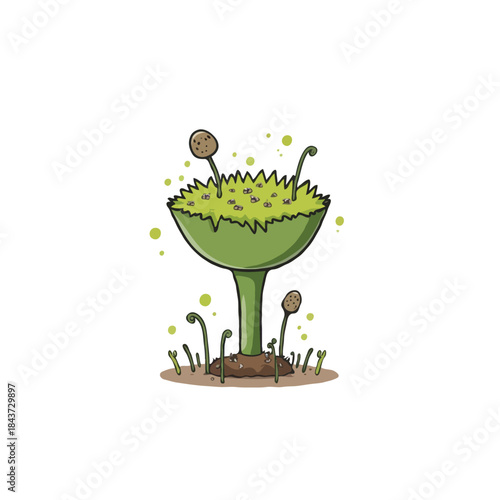 Whimsical illustration depicting a fantastical green fungus with sprouting spores in a simple