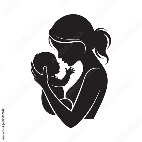 A tender silhouette of a mother cradling her newborn baby with love