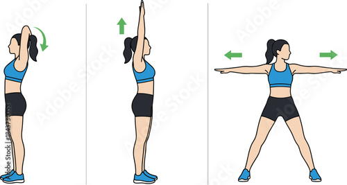 Illustration set of a man performing four repetitions of two exercises: a low, squatting movement and a standing side bend for core flexibility and workout.