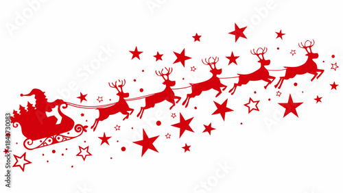 Santa claus sleigh pulled by reindeer with stars and dots on white background