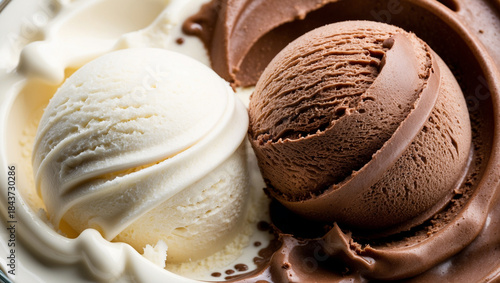 Chocolate ice cream and vanilla ice cream in macro. Applicable for banner, posters, cover, brochure or presentation 