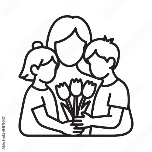 A simple line drawing of a family with flowers depicting love and togetherness