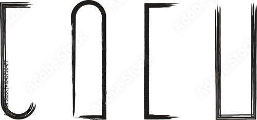 Four black and white illustrations of variously shaped vertical lines and curves
