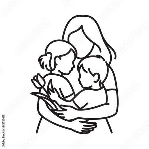 A mother lovingly embraces her two young children in a tender moment