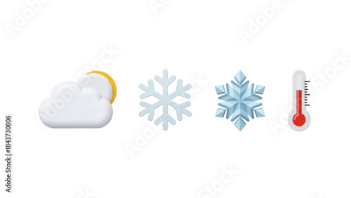 Clean 3D weather icons collection featuring sun, clouds, snowflakes, and thermometer