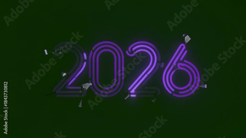 Neon 2026 sign with glowing purple light tubes dynamically illuminates against dark background, with electrical sparks adding festive energy for new year celebrations